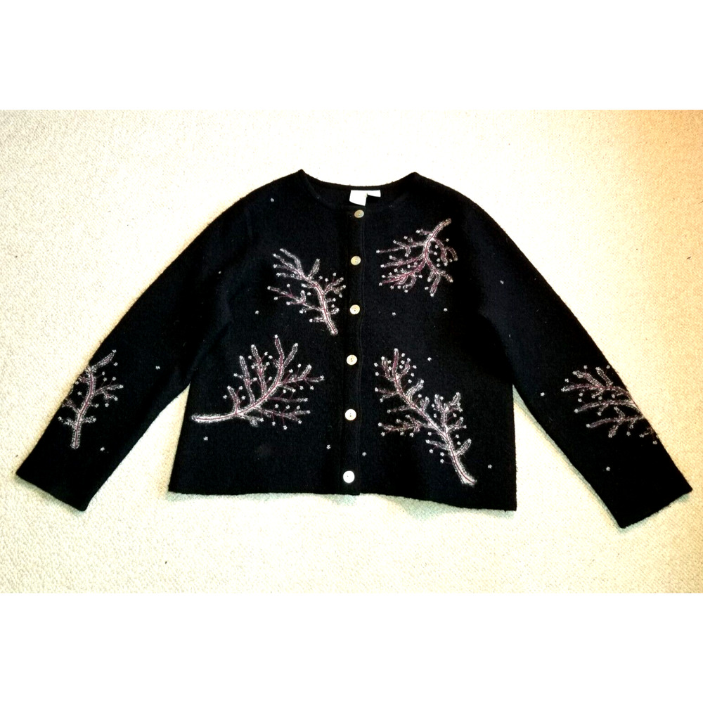 Womens Sweater/Jacket-FROST-black/maroon/white boiled wool cardign embroidered-M